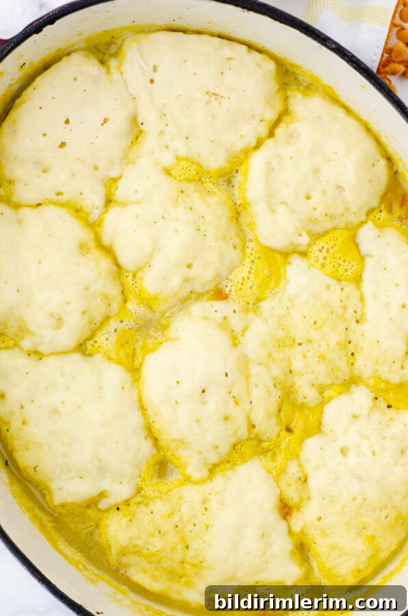 Dumpling recipe on top of a pot of potato soup.
