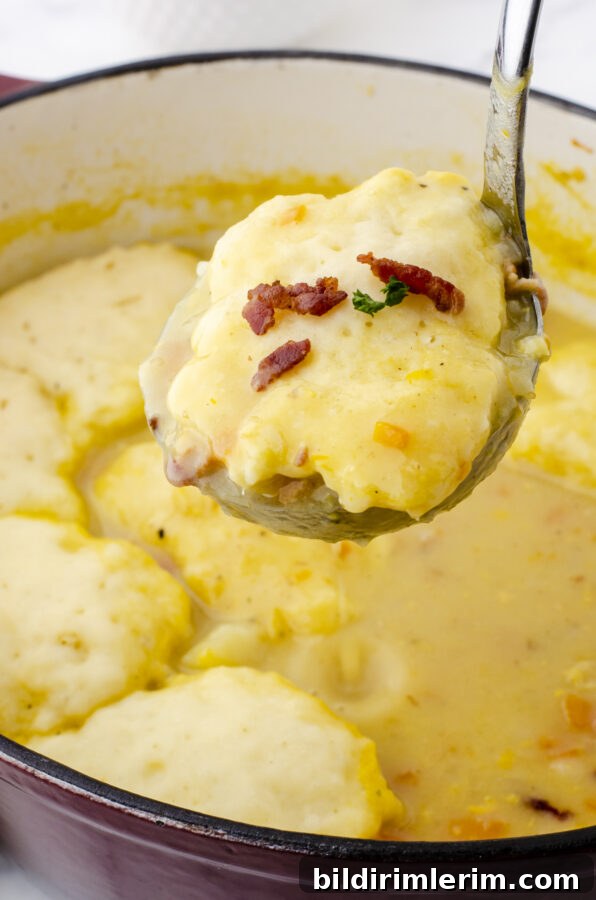 A ladle with potato soup with a drop dumpling on the top.