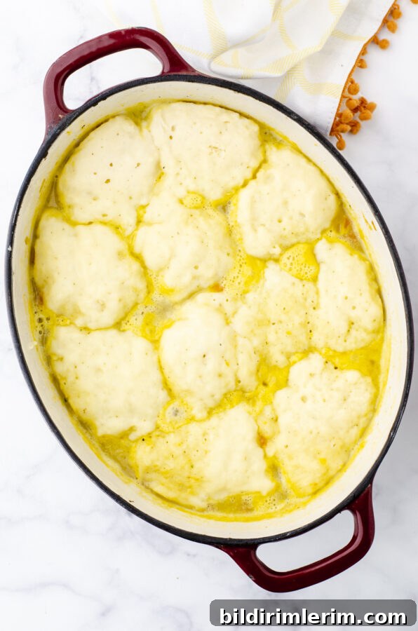 A pot of potato soup with cooked dropped dumplings on the top.