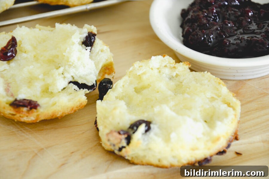 A split cranberry scone with a bowl of jam beside it.