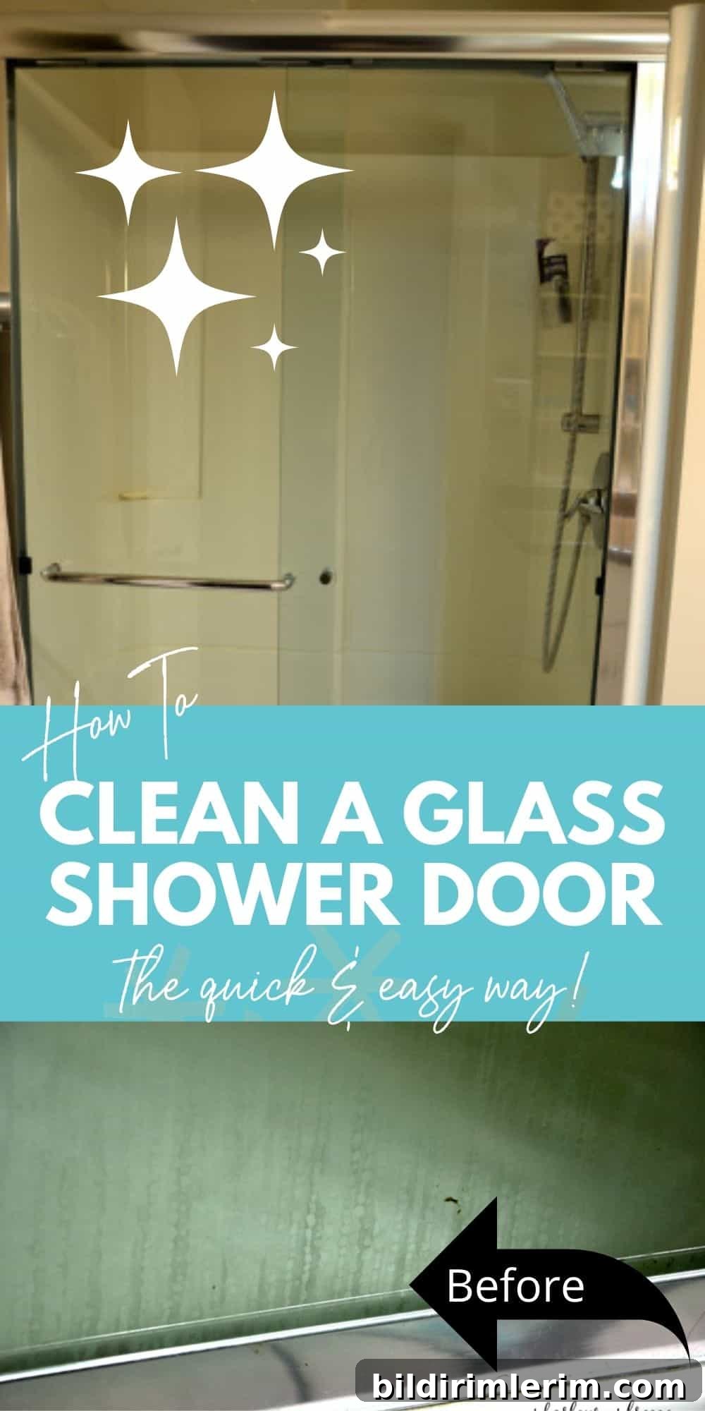 collage of a dirty glass shower door and  a clean glass shower with the test "how to clean a glass shower door the quick & easy way"