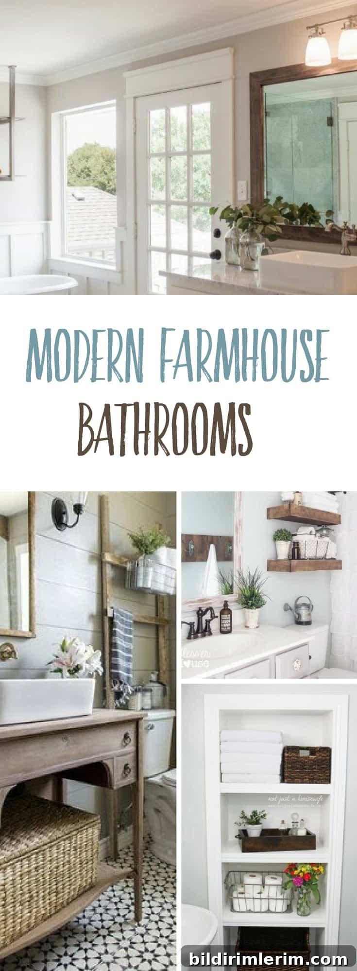 A collage of bathroom designs in the farmhouse style similar to Joanna Gaines bathrooms on the Fixer Upper show.