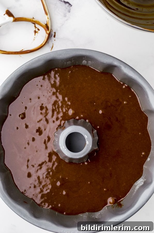 Gingerbread cake batter poured into a bundt pan