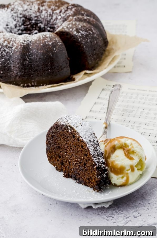 Gingerbread cake slice on a serving dish with a scoop of ice cream beside.