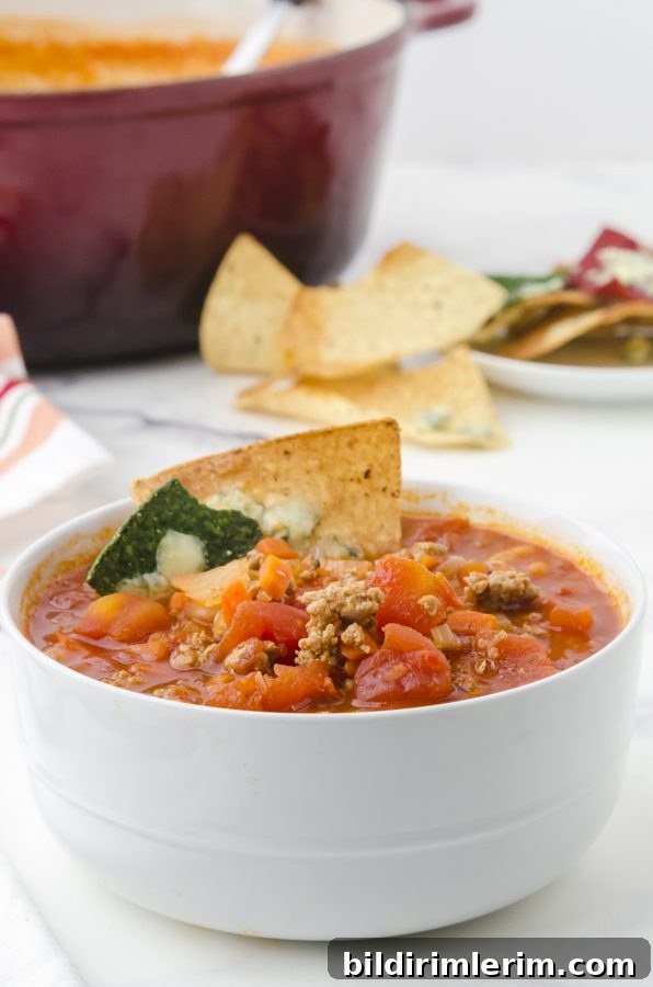 Spicy Buffalo Chicken Chili Recipe Inspired by Rachael Ray 2 Buffalo chicken chili with chips as a garnish in a bowl.