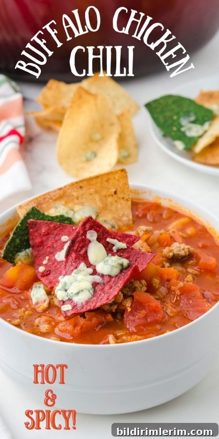 Spicy Buffalo Chicken Chili Recipe Inspired by Rachael Ray 9 A white bowl filled with a serving of spicy buffalo chicken chili.