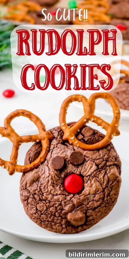 reindeer cookie on a plate with the title "Rudolph Cookies"