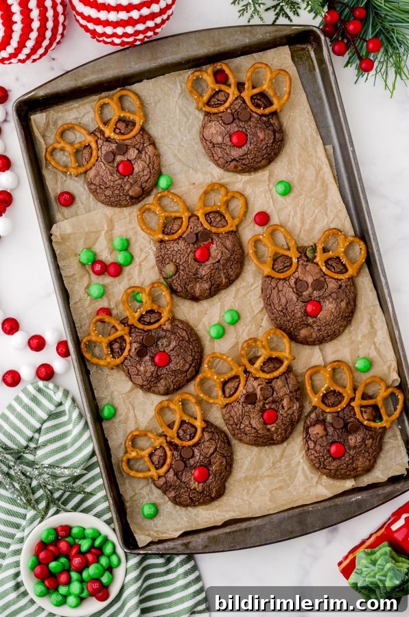 A christmas cookie tray filled with rudolph cookies