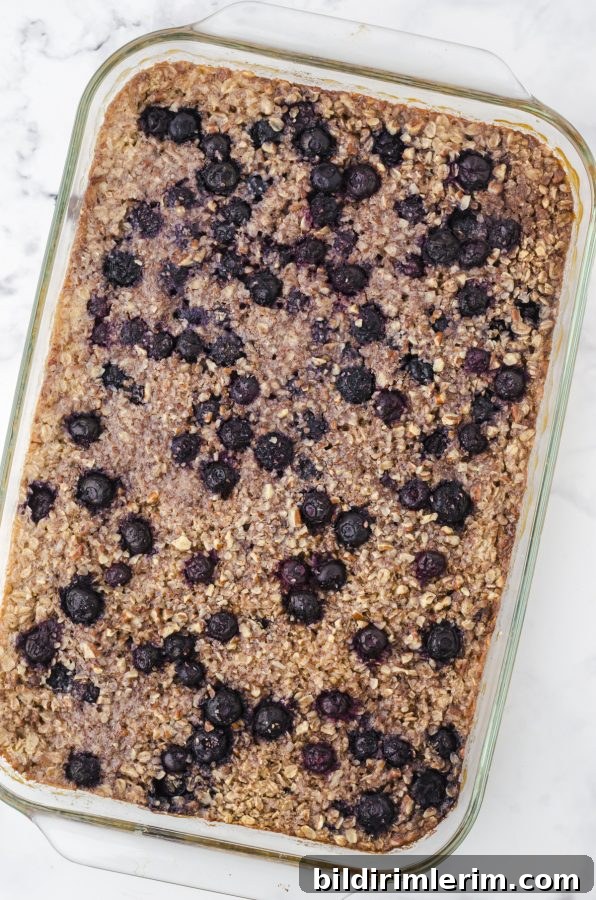 A pan of baked oats with bananas and blueberries.