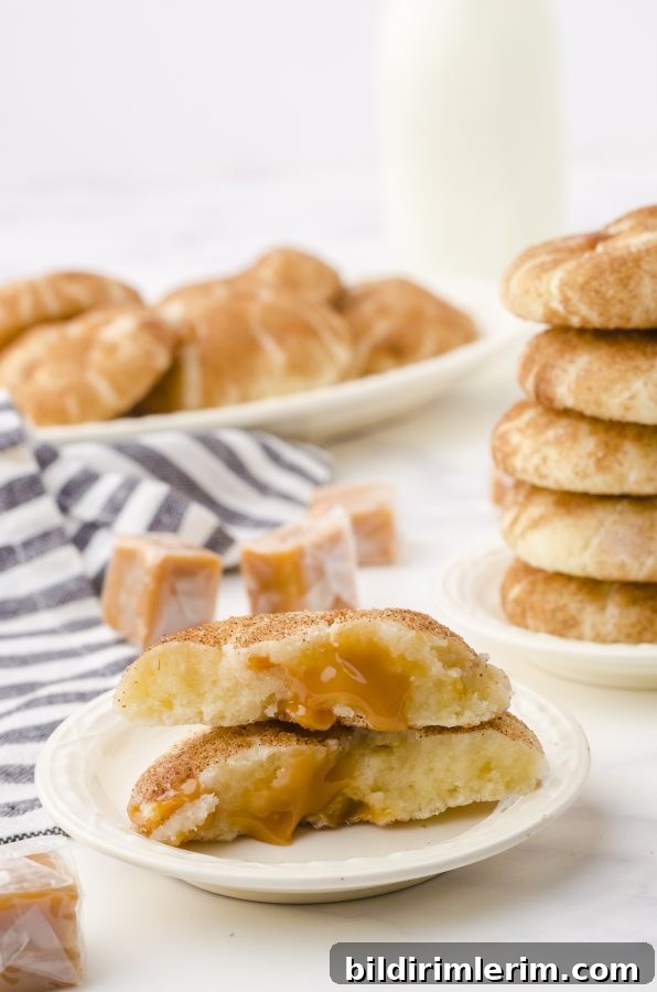 snickerdoodle cookie with caramel sitting on a plate.