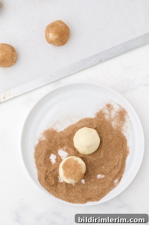 snickerdoodle caramel bits cookies being rolled in cinnamon sugar