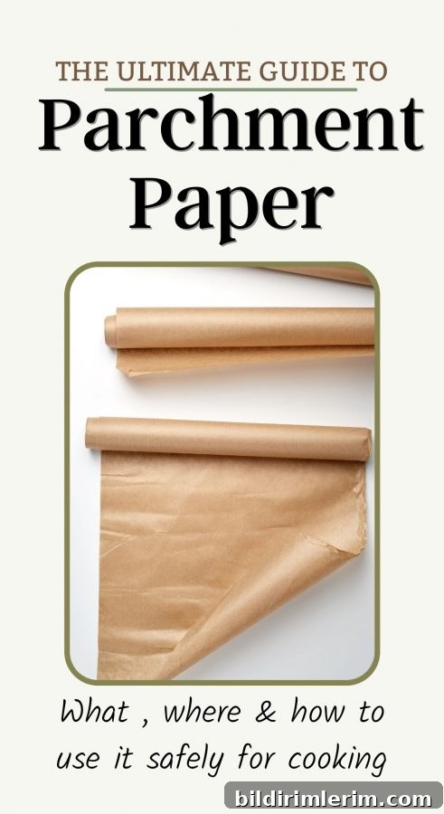 rolls of parchment paper on a counter with the text "the ultimate guide to Parchment Paper - what, where, & how to use it safely for cooking"
