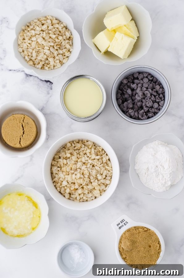 Ingredients for caramel bars with chocolate crispy rice topping