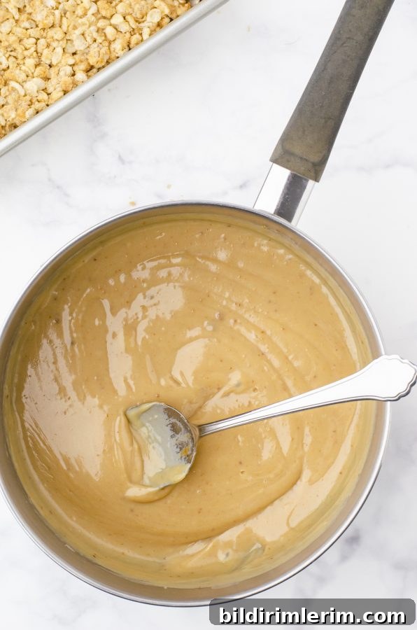 Caramel filling in a saucepan for Chocolate Caramel crispy rice bars
