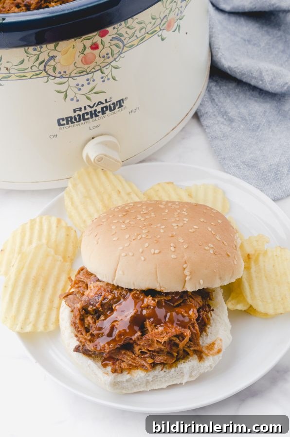 Crock Pot Pulled Pork Recipe: Tender, Juicy BBQ Flavor 8 Pulled pork piled on a bun to make a pulled pork sandwich with potato chips on the side.