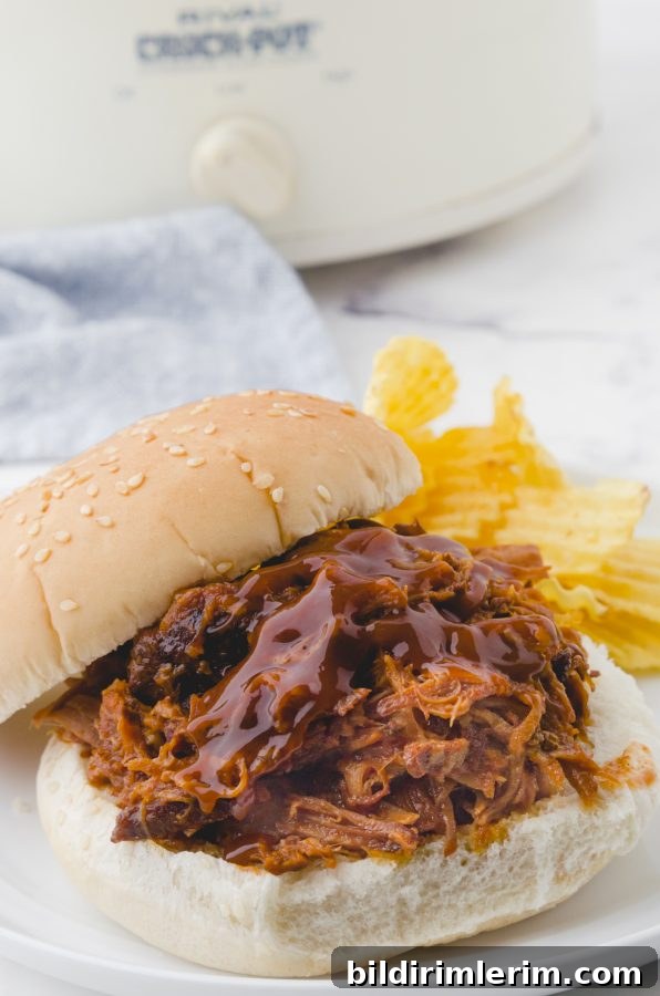 Crock Pot Pulled Pork Recipe: Tender, Juicy BBQ Flavor 9 A crock pot pulled pork sandwich with barbecue sauce drizzled on the top of the meat.