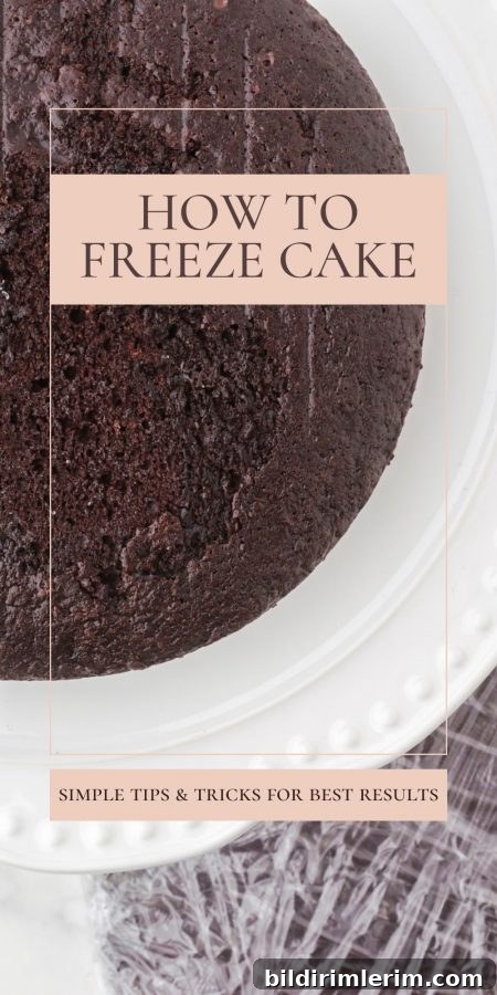 A frozen chocolate cake layer with the words 'how to freeze cake' on it