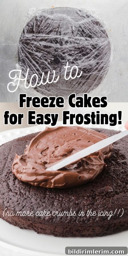 A collage of a cake wrapped for freezing and a chocolate cake being frosted.