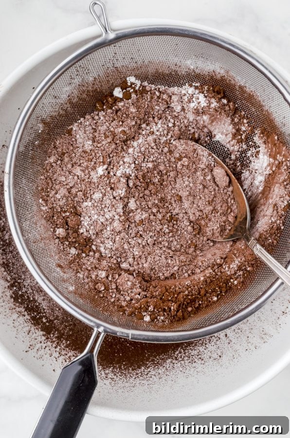 Cocoa powder and flour in a fine mesh strainer over a big white bowl