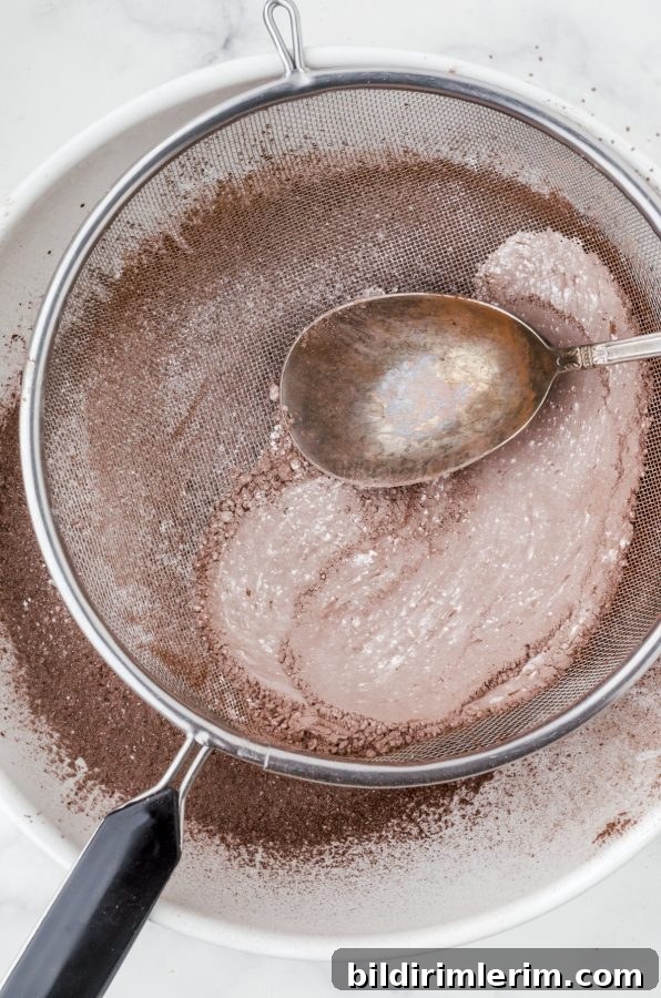 A large spoon gently pressing out the lumps of cocoa powder and flower in the bottom of a fine mesh strainer.