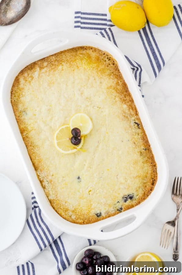 A pan of lemon blueberry dump cake with blueberry pie filling and lemon cake mix.