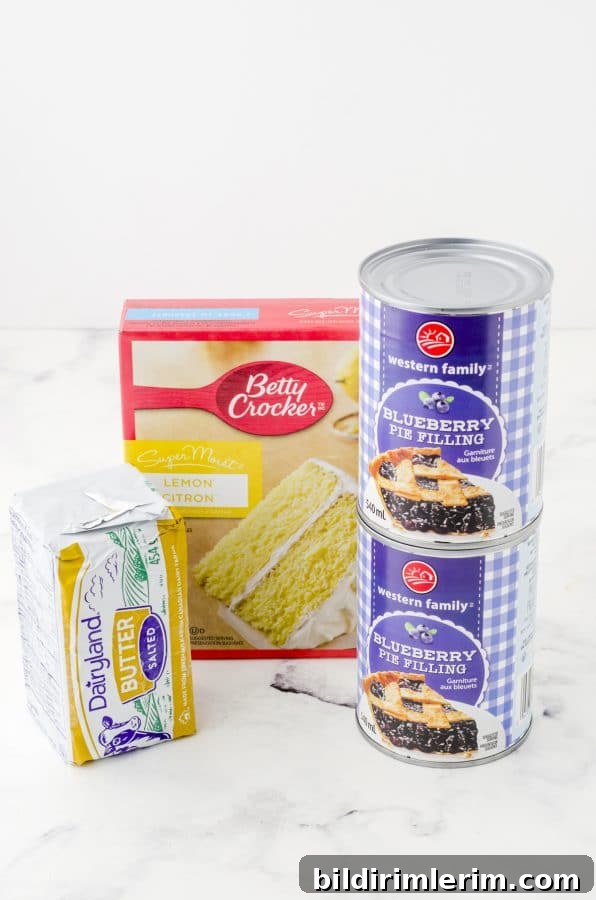 Ingredients for lemon blueberry dump cake.