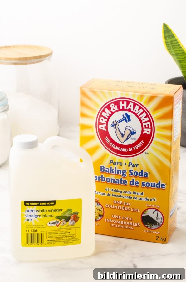 A box of baking soda and container of white vinegar sitting on a counter.