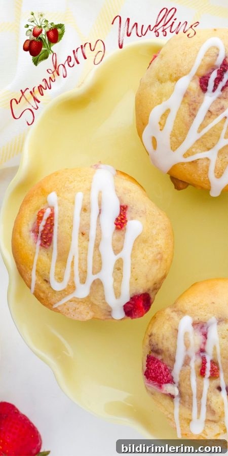 Strawberry muffins with buttermilk and vanilla glaze on a platter with the text "strawberry muffins" on it.