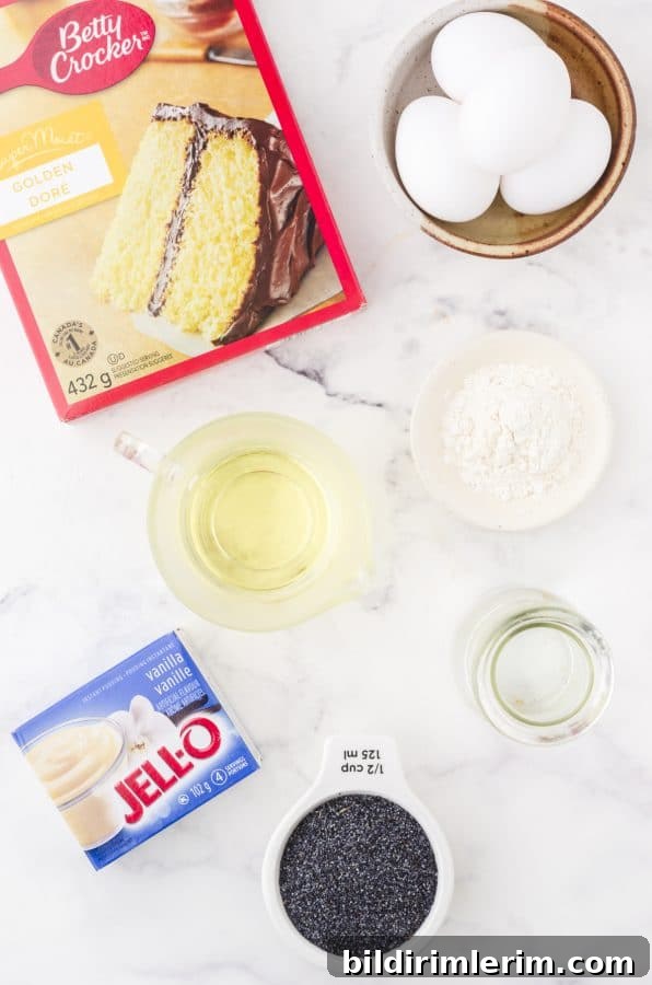 Ingredients for poppy seed bread loaf with cake mix