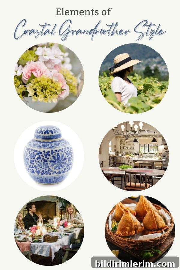 Collage of elements of coastal grandmother style like flowers, white open kitchens, ginger jars, bucket hats, wicker baskets, and dinner parties.