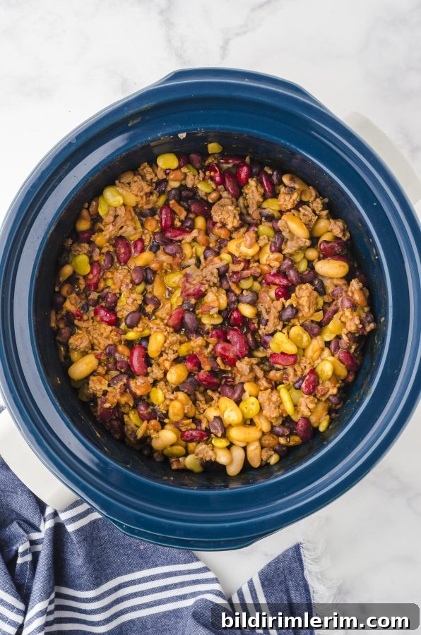 Crockpot baked beans after it is finished cooking.