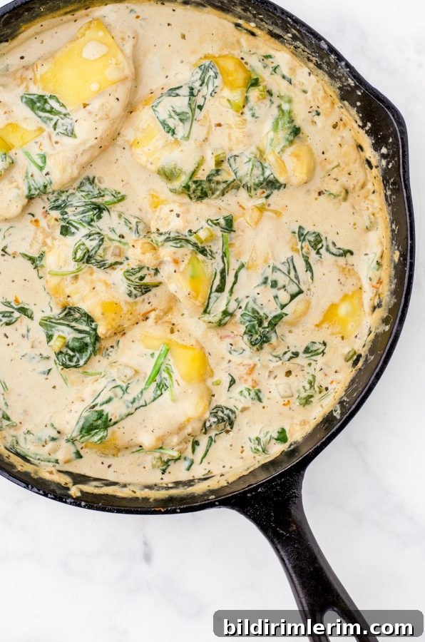 One pan creamy chicken florentine in a cast iron skillet.