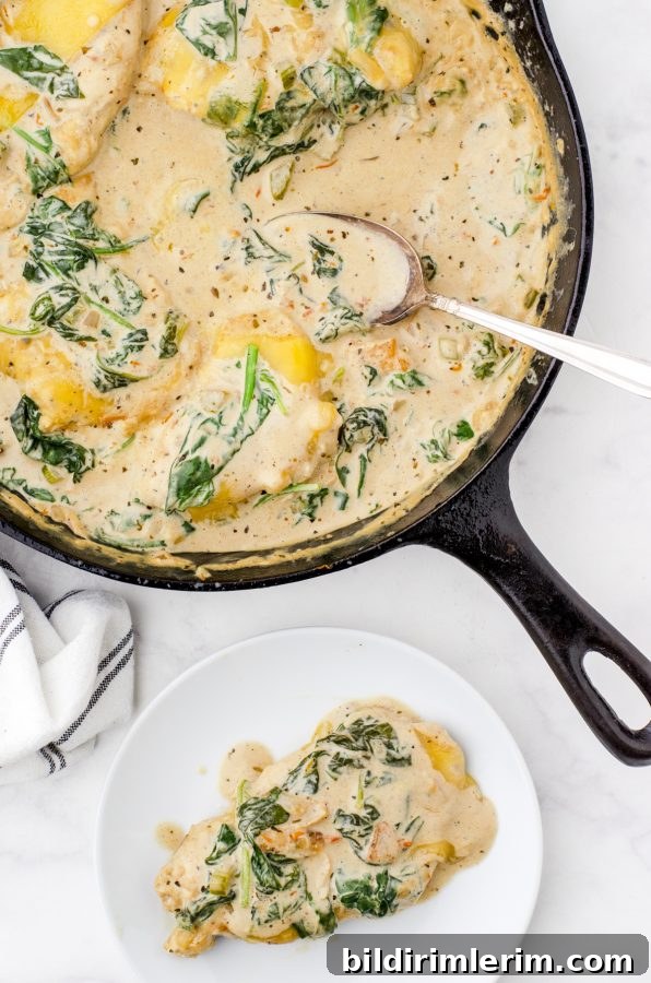One pan creamy chicken florentine with one serving served out onto a plate.