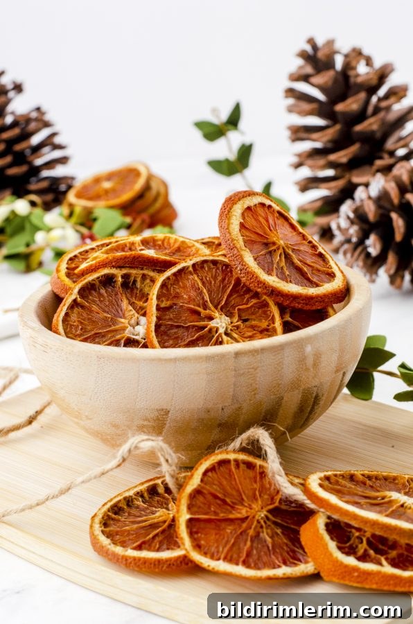 Dried orange slices sitting in wooden bowl.