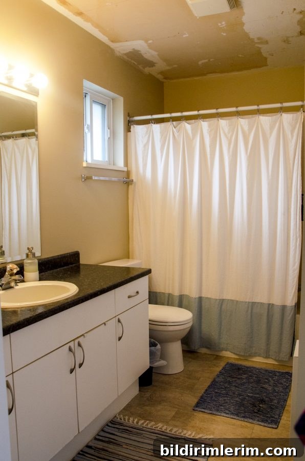 Evergreen Fog Bathroom Remodel: Affordable Paint and Design Ideas 2 A basic builder grade bathroom with tan walls before the evergreen fog paint color makeover.
