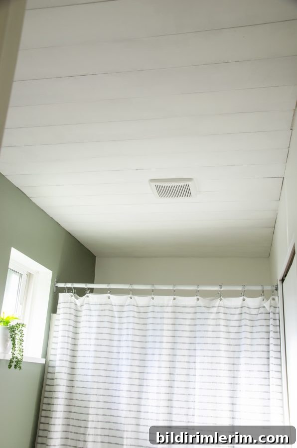 Evergreen Fog Bathroom Remodel: Affordable Paint and Design Ideas 6 A faux shiplap wall in a small bathroom.