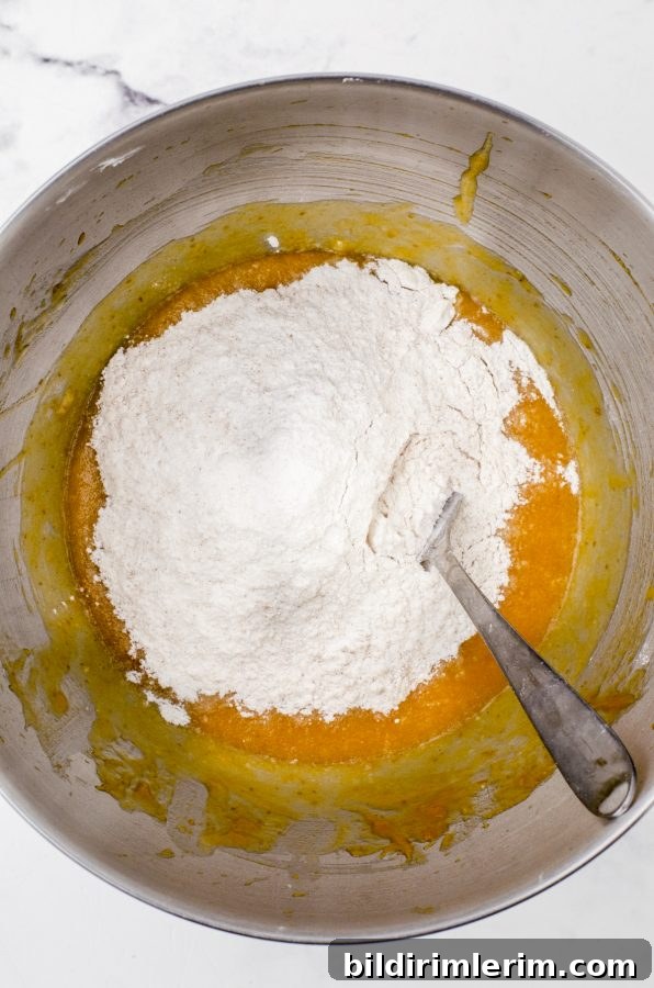 Pumpkin Banana Muffins Recipe with Cinnamon 6 Dry ingredients added into the wet ingredients in the bowl of an electric mixwer and being mixed together with a large spoon for pumpkin banana muffin batter.