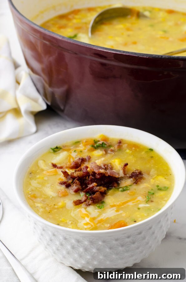 A bowl of creamy potato soup with bacon bits and cheese.