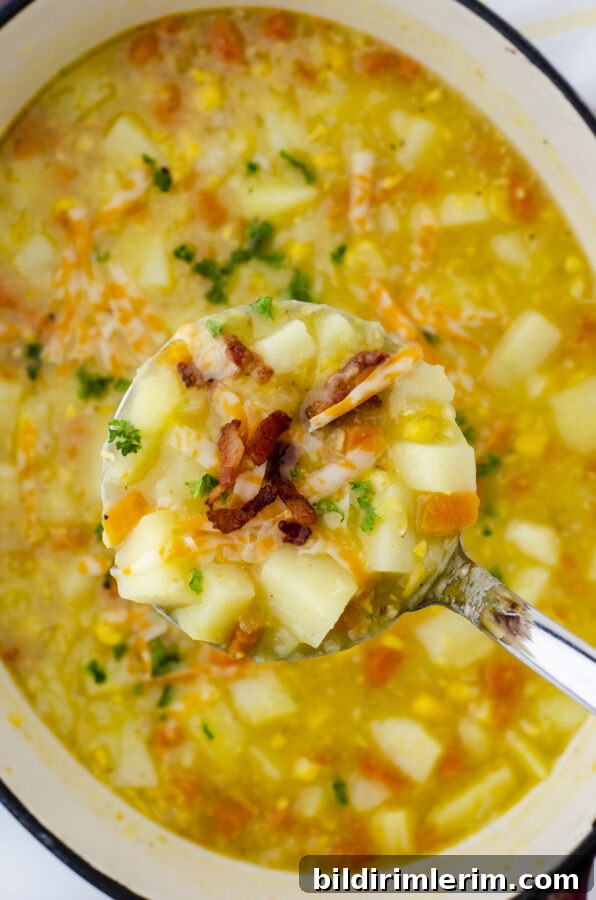 A ladle full of hearty, chunky potato soup with bacon bits and shredded cheese.