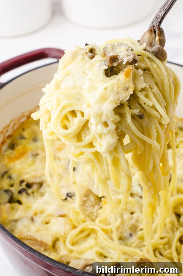 Turkey tetrazzini being dished out of the dutch oven with a large spoon.