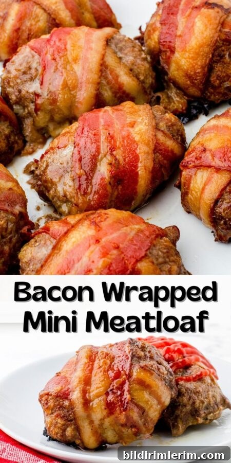 A collage of bacon wrapped mini meatloaf pictures with the text "bacon wrapped mini meatloaf" for a Pinterest pin.