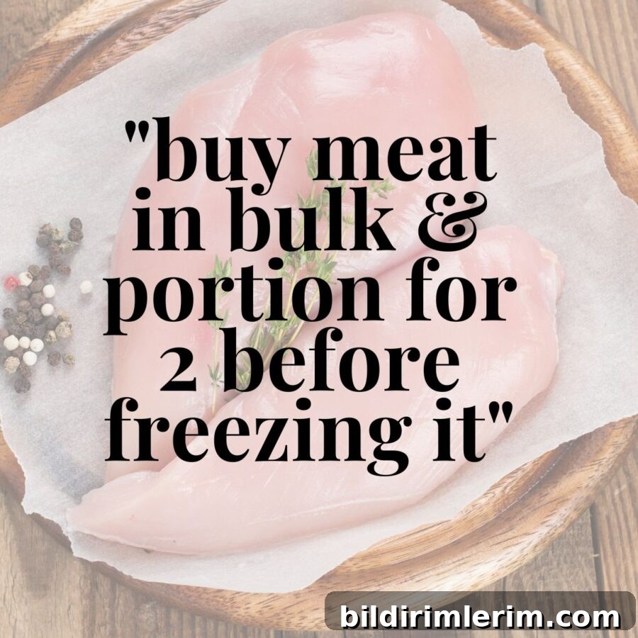 raw chicken on a plate with the text "buy meat in bulk & portion for 2 before freezing it" on top.
