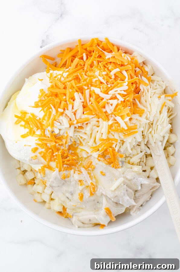 Creamy Cheesy Hash Brown Potato Casserole Recipe 5 Ingredients for cheesy potatoes with frozen hashbrowns being mixed in a mixing bowl.