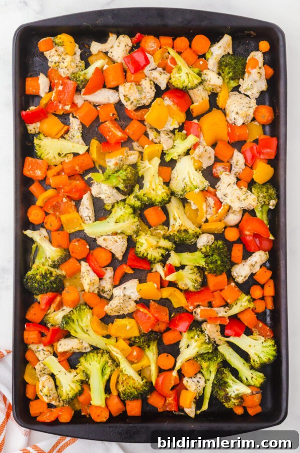 Finished sheet pan and veggies dinner
