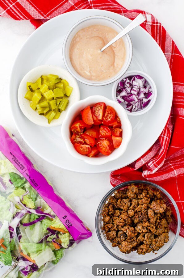 Big Mac Salad Recipe: Copycat Burger Bowl with Special Sauce 3 Ingredients for the healthy big mac salad recipe.