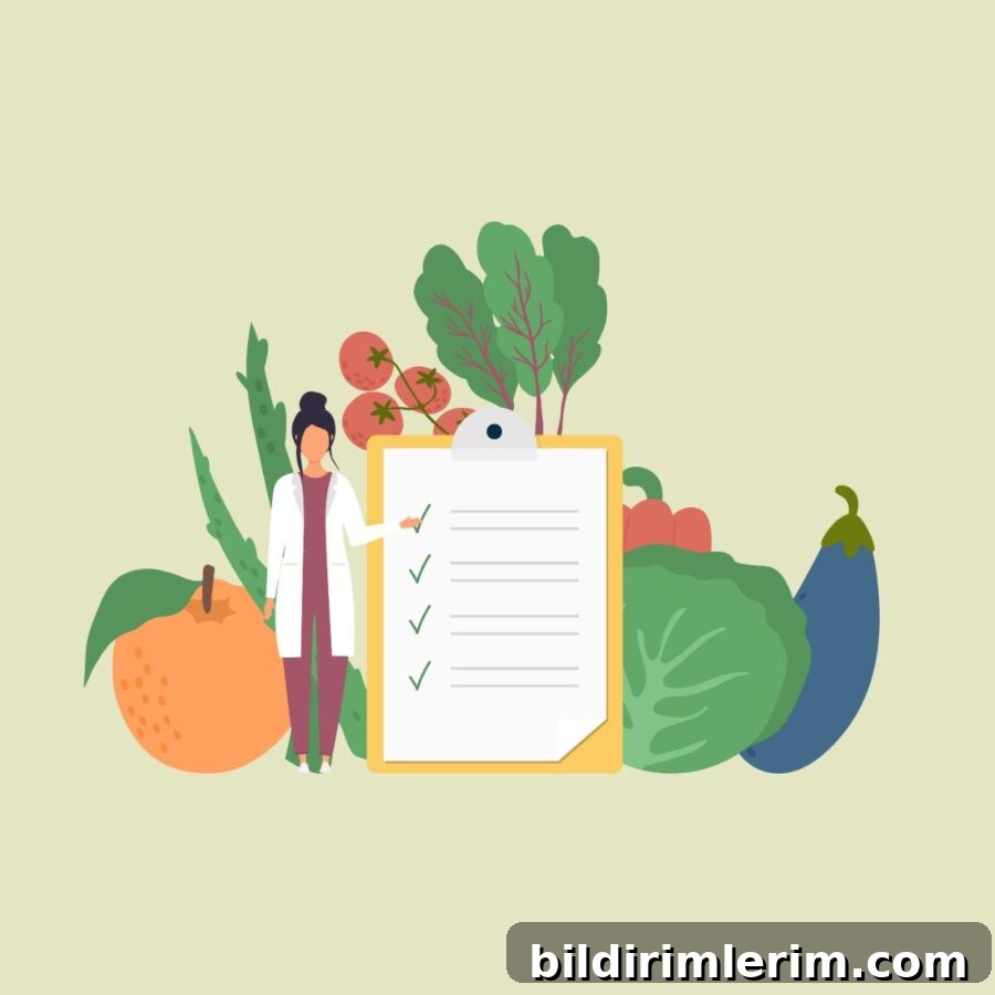 drawing of healthy foods with a doctor and checklist