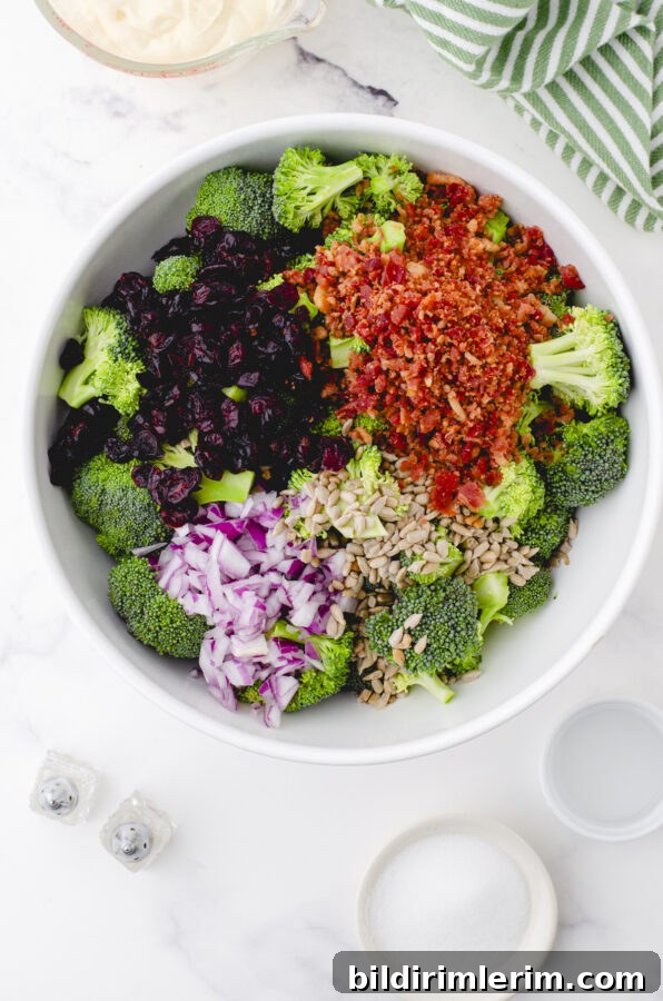 Classic Broccoli Salad with Cranberries Recipe 3 a big bowl with all the ingredients for broccoli salad in it ready to be stirred together.