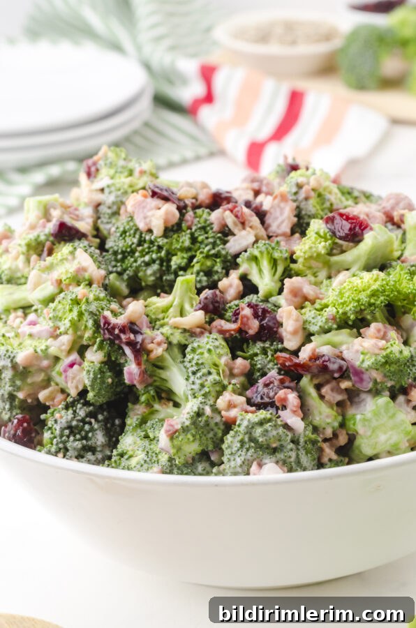 Classic Broccoli Salad with Cranberries Recipe 8 A bowl of broccoli salad with cranberries, miracle whip and bacon