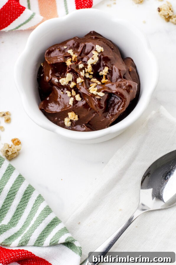 a bowl of chocolate avocado pudding with granola sprinkled on the top.