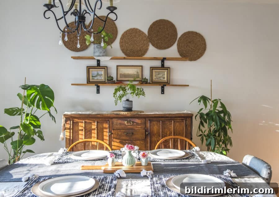 Dining room with boho casual fall shelf decor above an atique buffet
